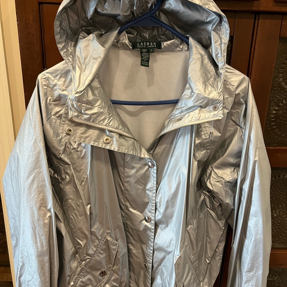 Ralph Lauren silver rain coat. Light weight, EUC